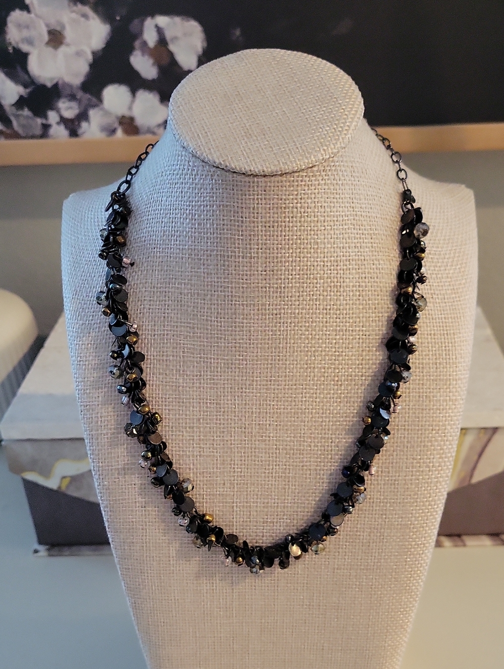 Coldwater Creek Black Beaded Necklace with Metallic Accents